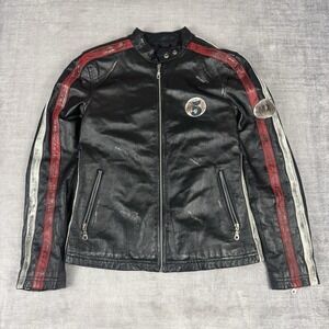Wilsons Leather Jacket Women's Medium Black Y2K Cafe Racer Striped Distressed